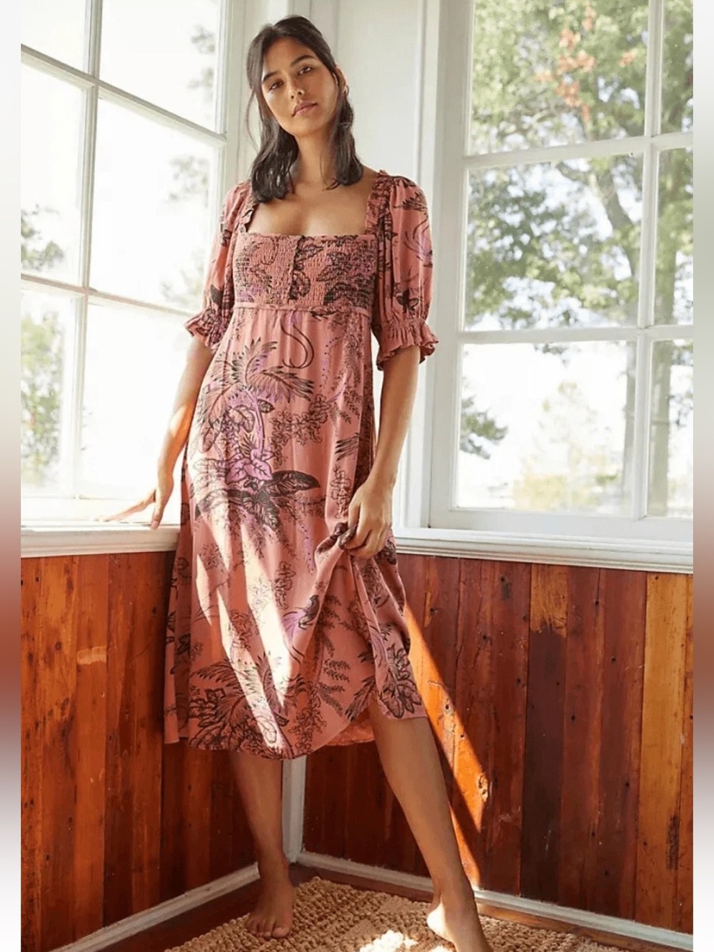 Anthropologie Smocked Bodice Puff Sleeve Clay Bird Print Midi Dress
